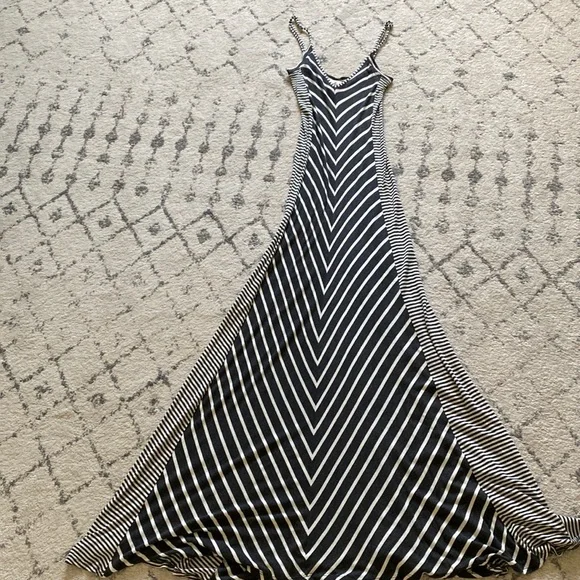 anthropologie black and white striped dress By Anthropologie Halter Tuxedo Stripe Midi Dress